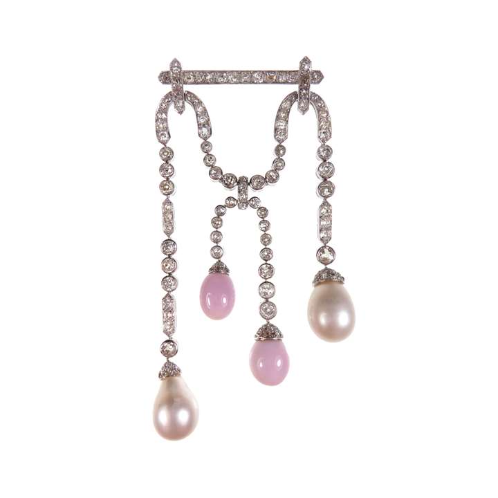 Drop pearl and diamond pendant bar brooch